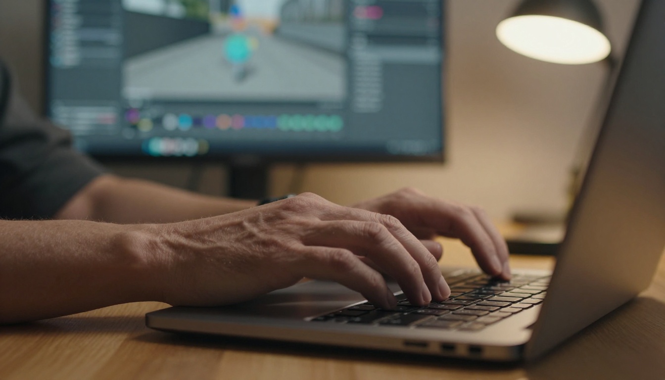 Developer hands typing on a laptop while a Unity scene editor sits blurred on a monitor behind
