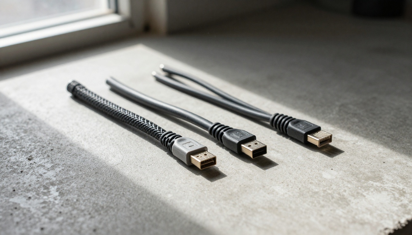 Three coiled cables fanned out on a concrete workbench in morning light