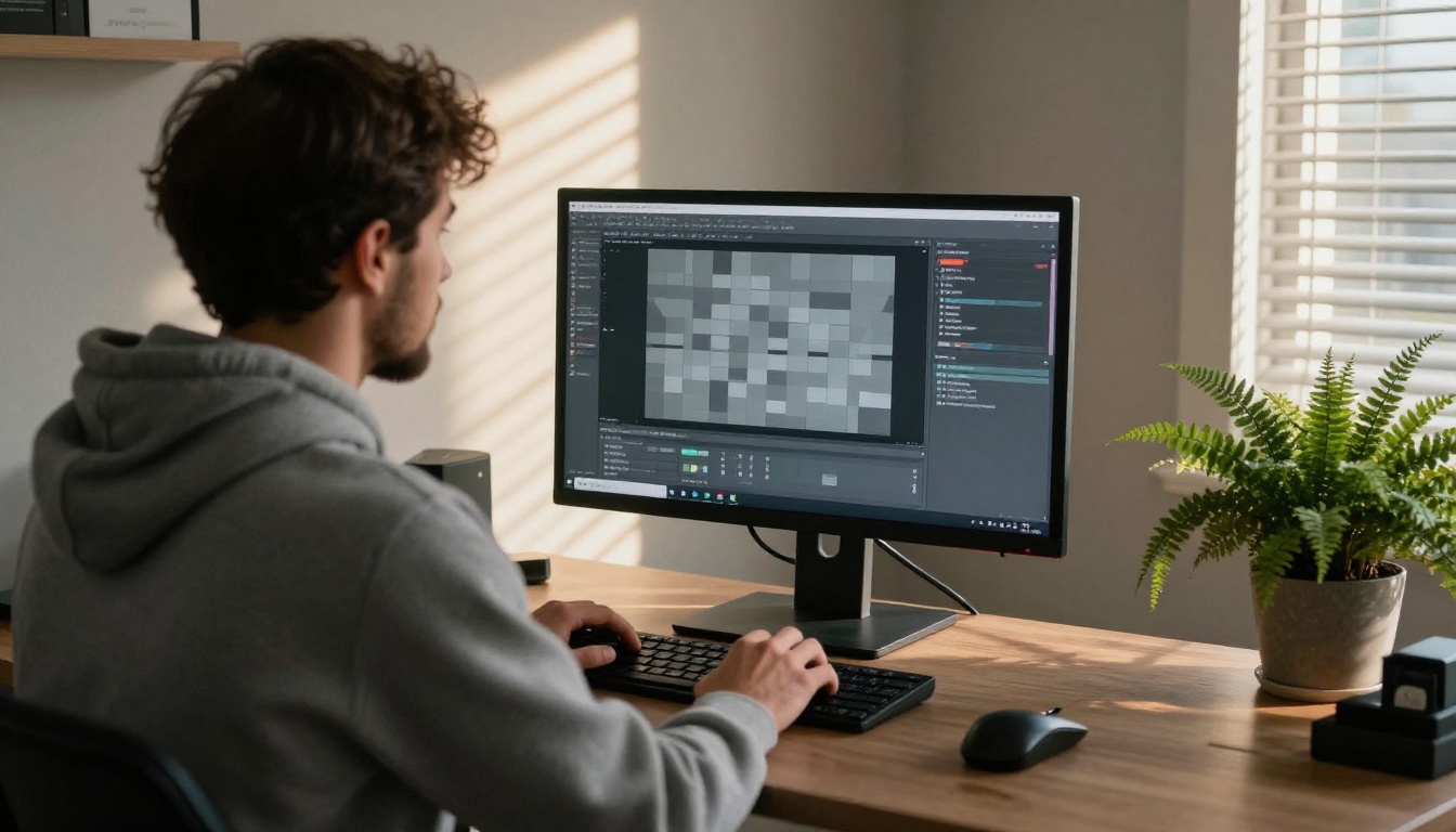 Developer in a gray hoodie at a standing desk with afternoon light striping the wall