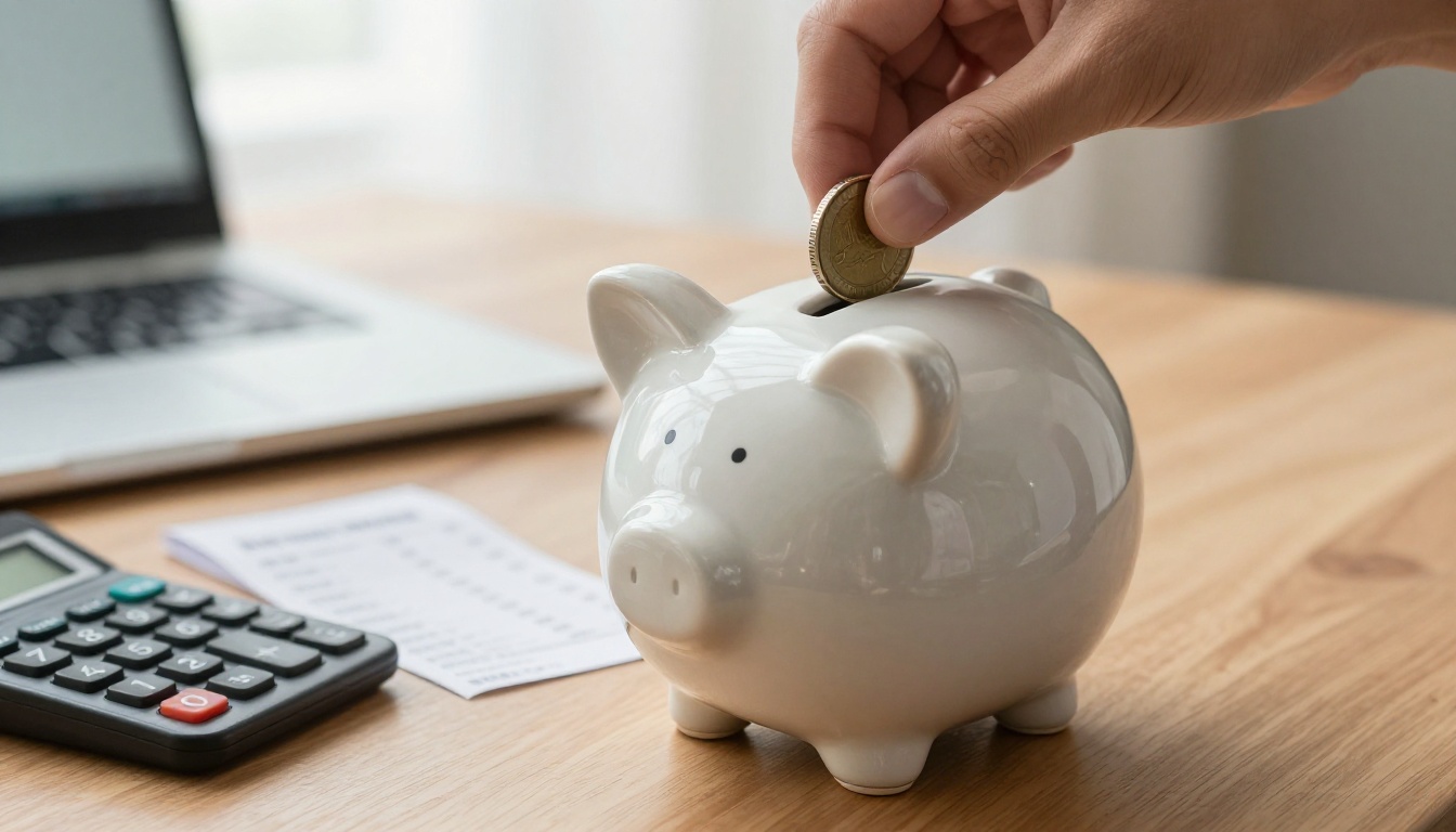 Hand dropping a coin into a ceramic piggy bank beside a calculator and a receipt