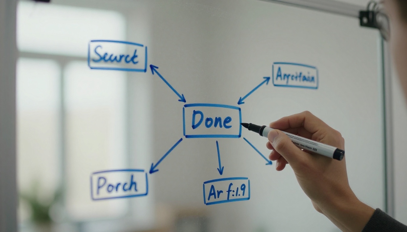 Hand holding a blue marker beside a hand-drawn flowchart on a glass whiteboard