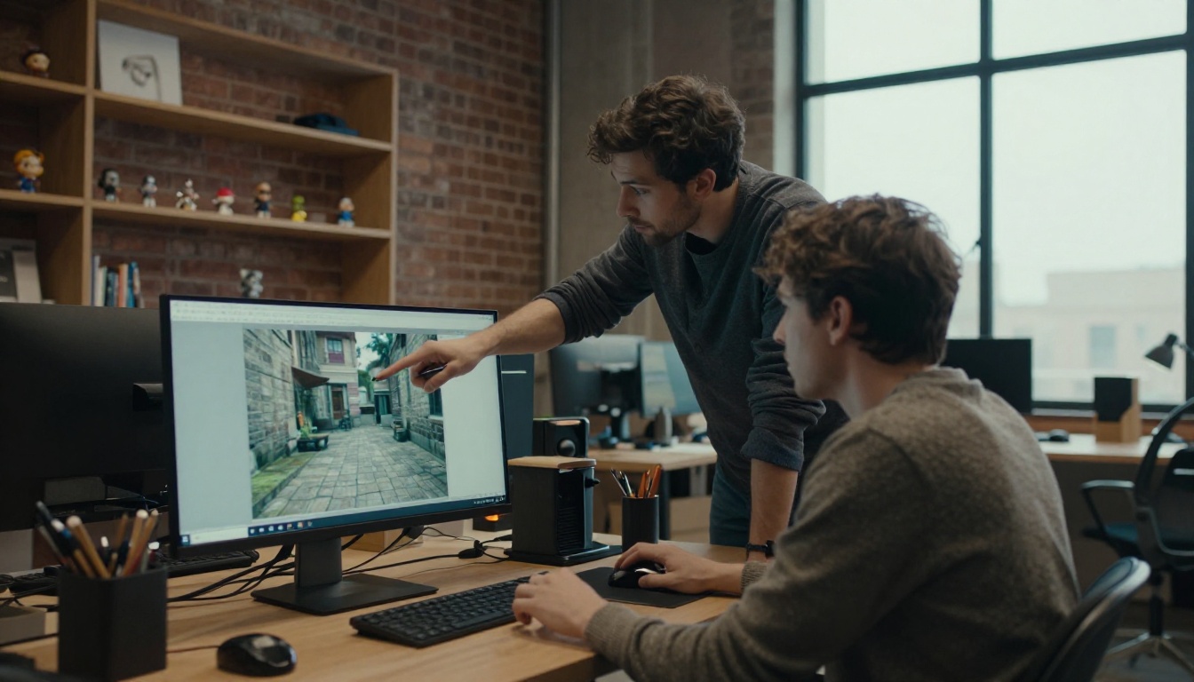 Two game artists reviewing a level on a monitor in a brick-walled loft