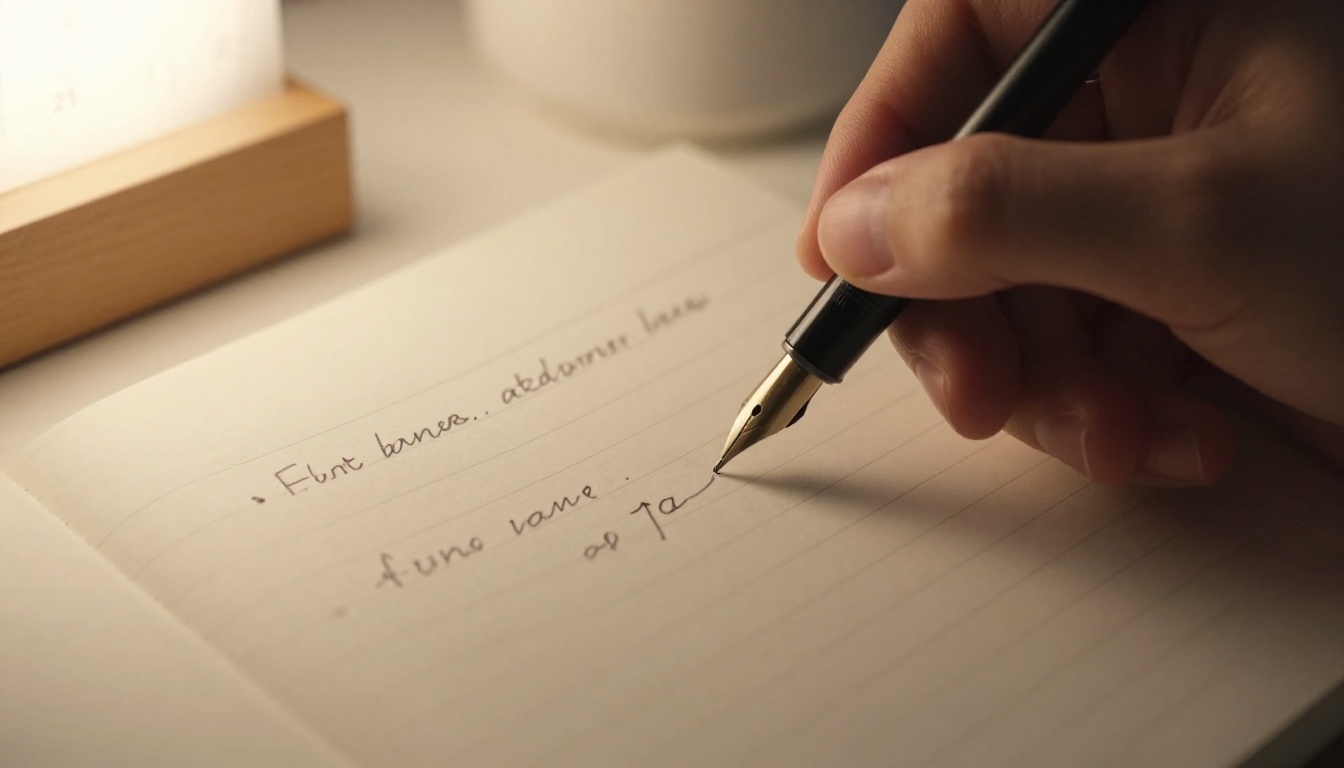 Hand writing a short list in a notebook with a fountain pen beside a desk calendar