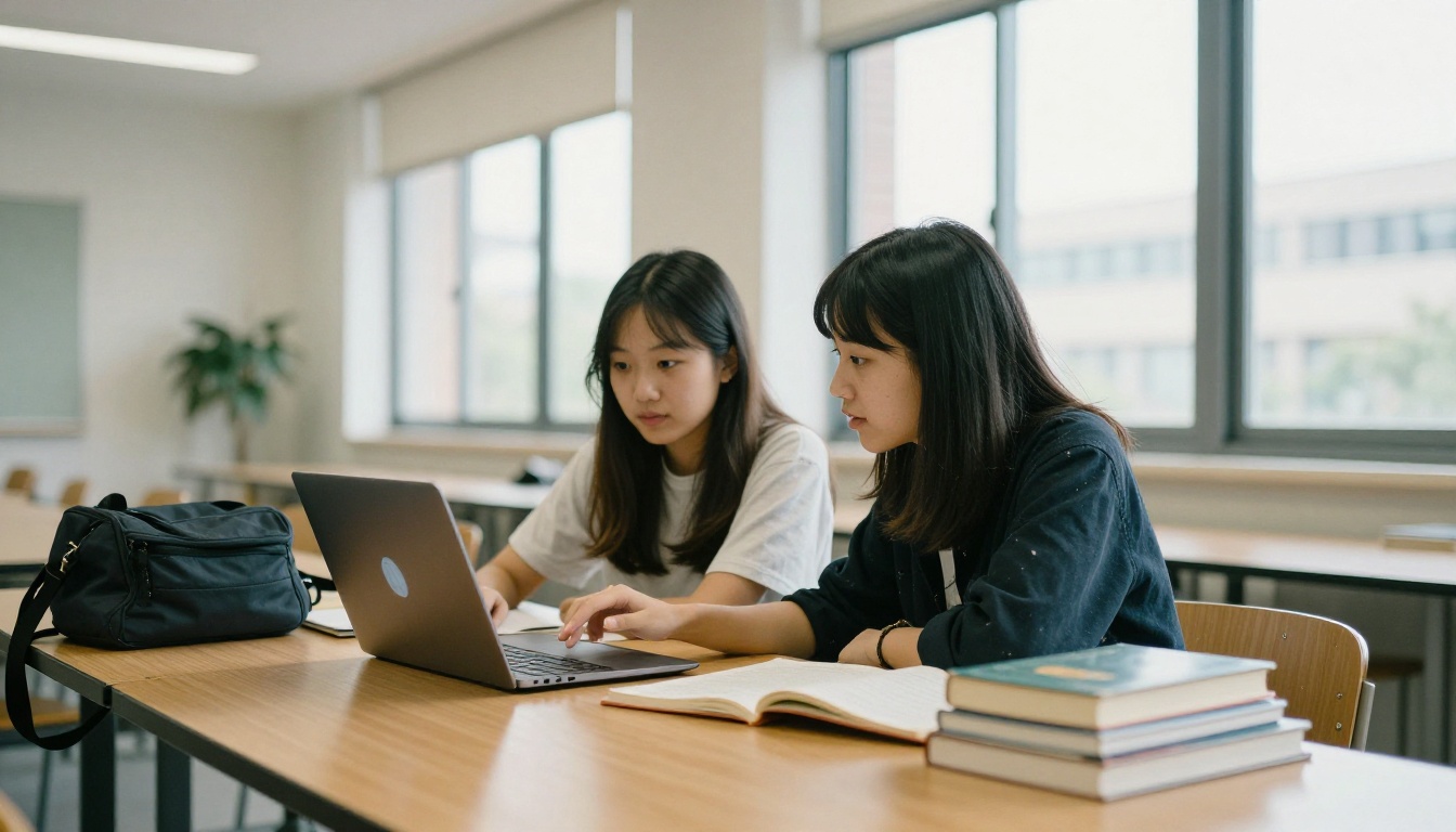 Two students sharing a library table with a laptop showing a blurred Unity scene