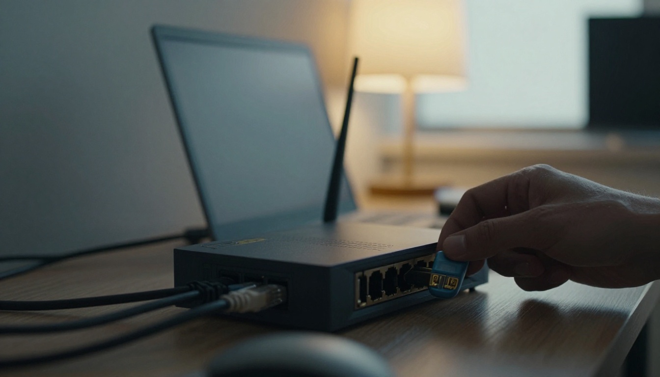 Hands plugging an ethernet cable into a compact router on a home office shelf