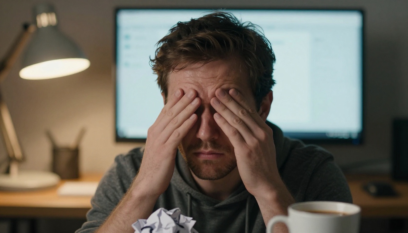 Tired developer rubbing their eyes at a late-night desk with a cold coffee in front