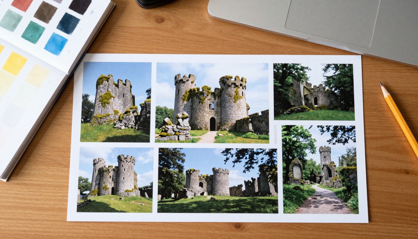 Printed photographs of stone ruins and a forest path spread beside a sketchbook on a desk
