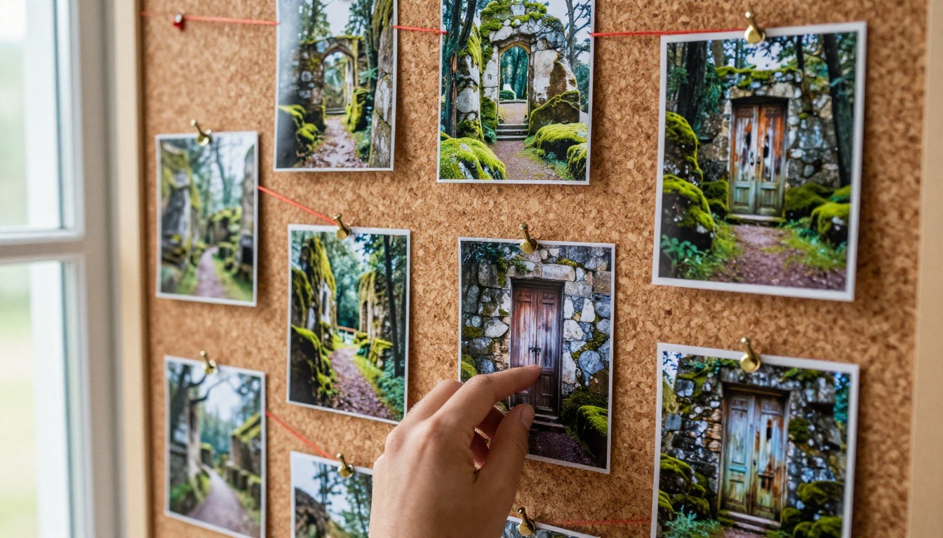 Cork board of pinned photographs of mossy ruins and weathered doors used as texture references