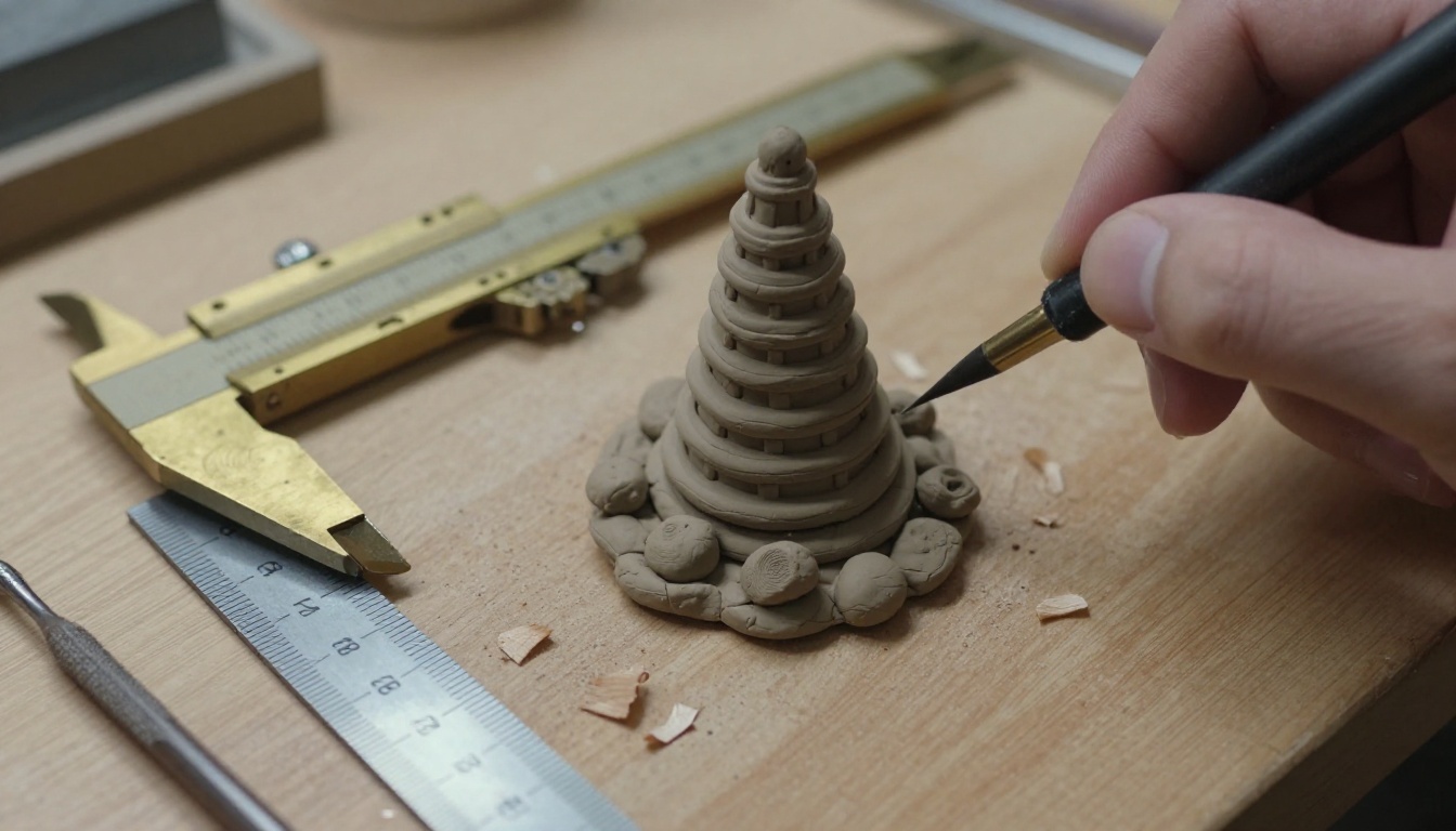 Hand-sculpted clay stone tower on a workbench beside calipers and a steel ruler