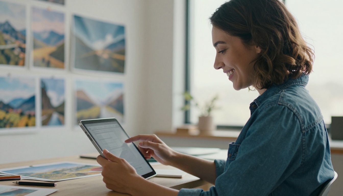 Smiling game artist holding a tablet in a bright studio with landscape prints on the wall behind