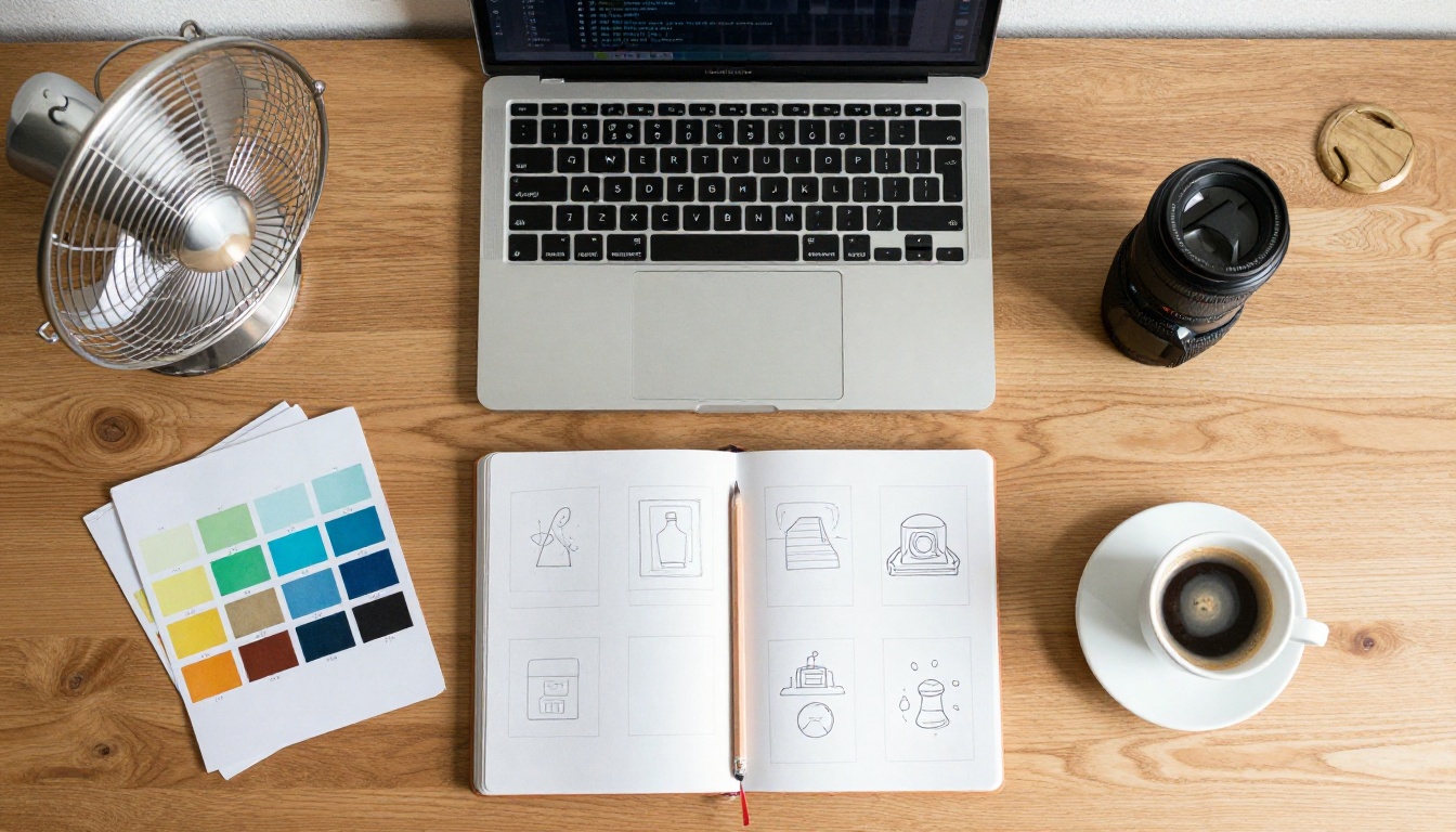 Overhead flat lay of a desk with a laptop showing code, a storyboard notebook, color swatches and an espresso cup