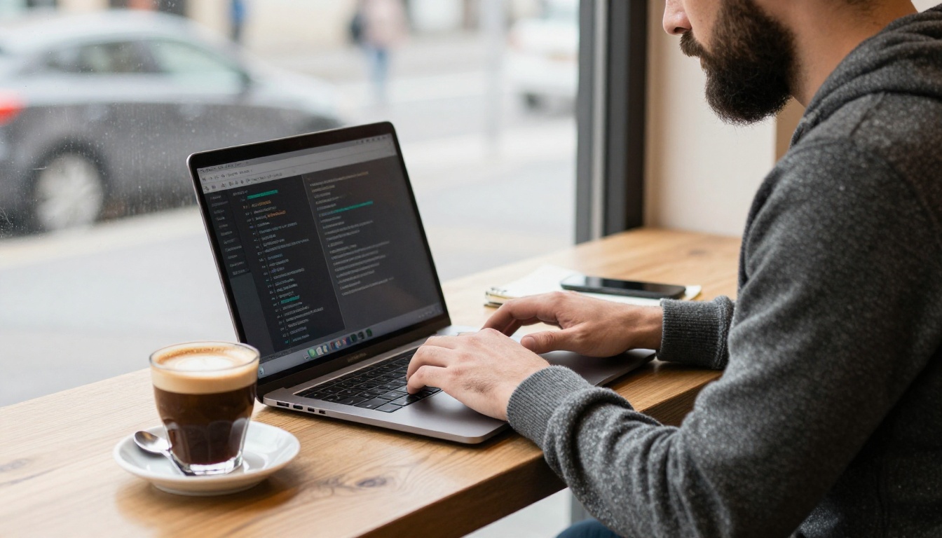 Over-the-shoulder view of a developer typing commands in a terminal at a sunlit cafe table