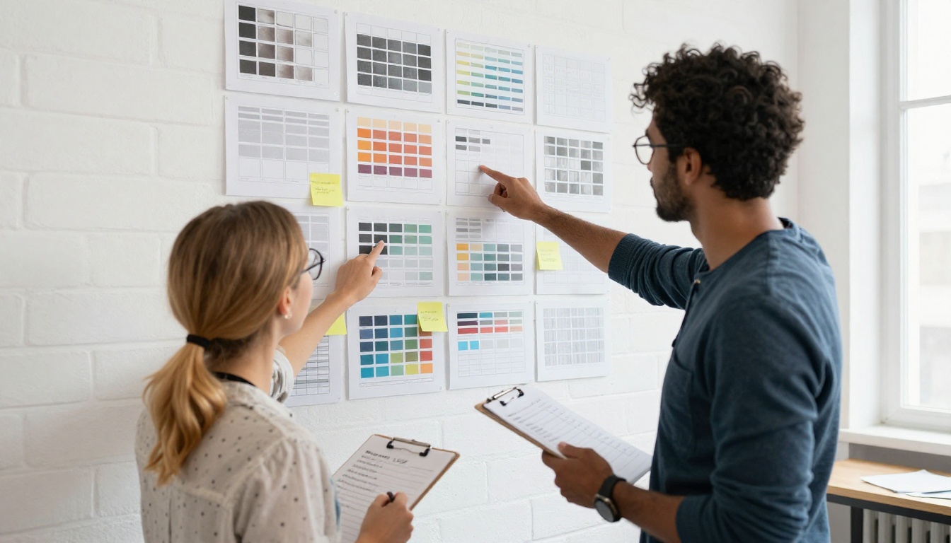 Two colleagues pointing at a wall of paper storyboard cards and color palettes in a bright studio