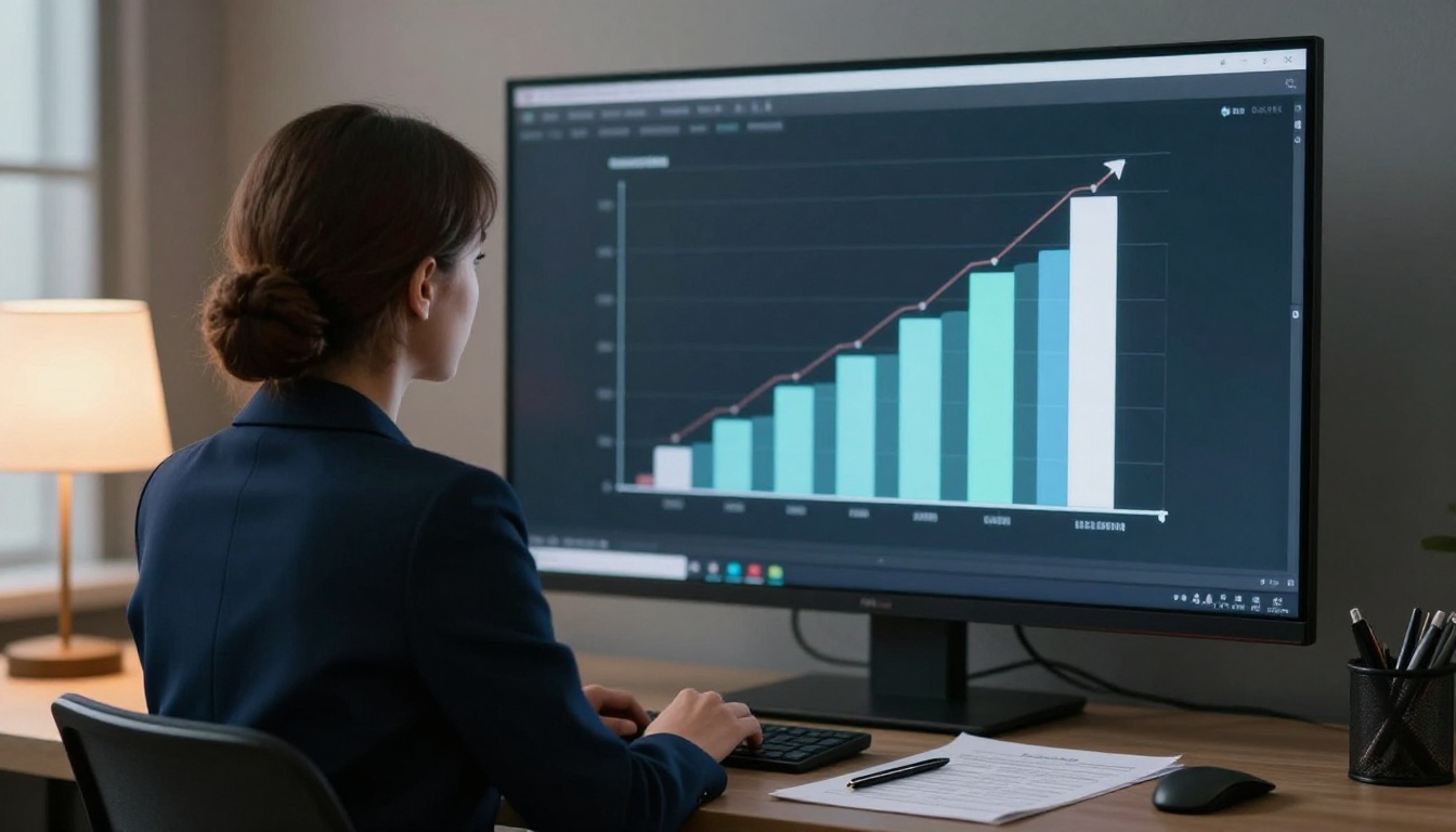 Woman in a navy blazer seated before a large monitor showing an animated bar chart