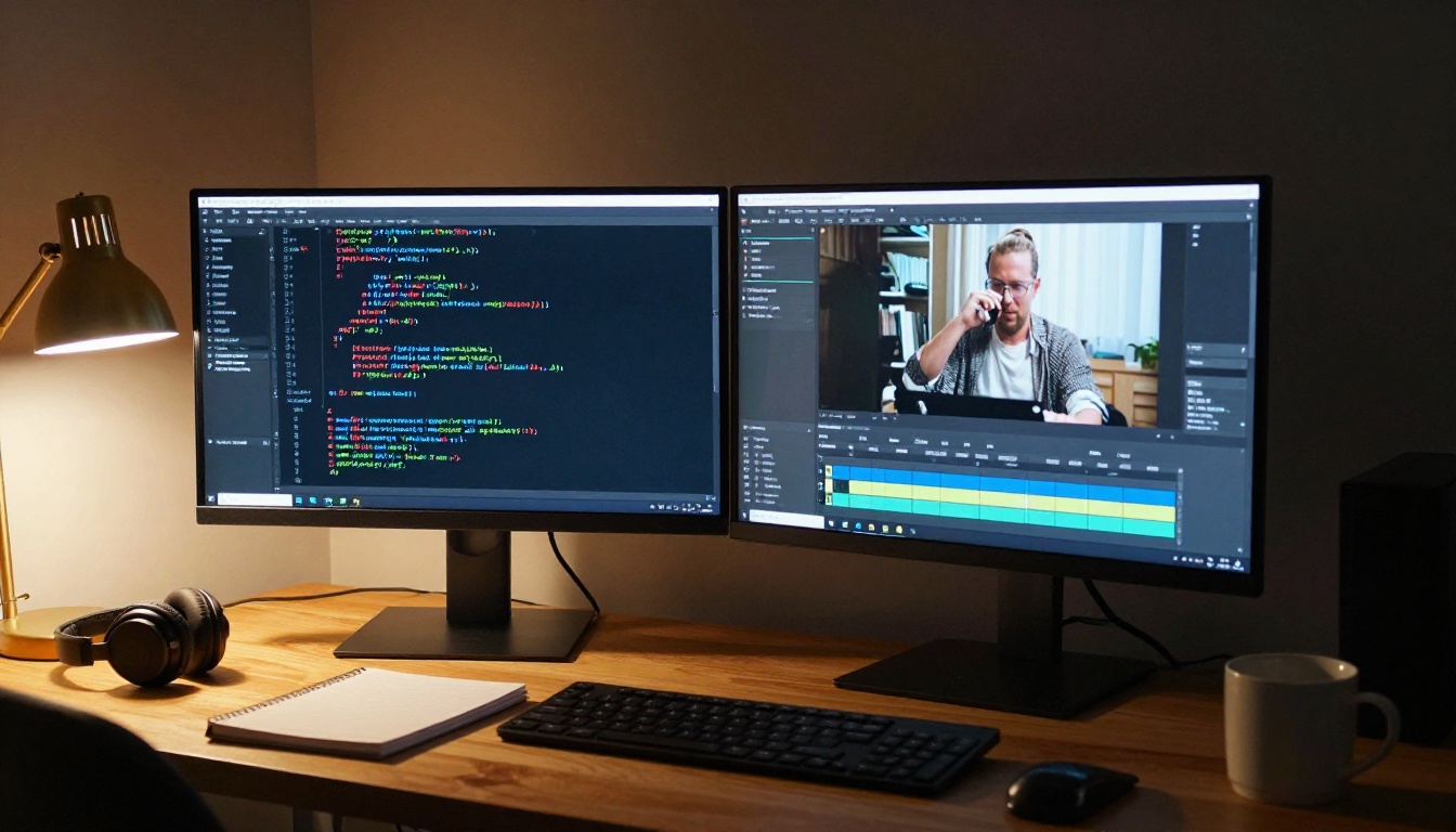 High-angle view of a dual monitor workstation with code on one screen and a video preview on the other