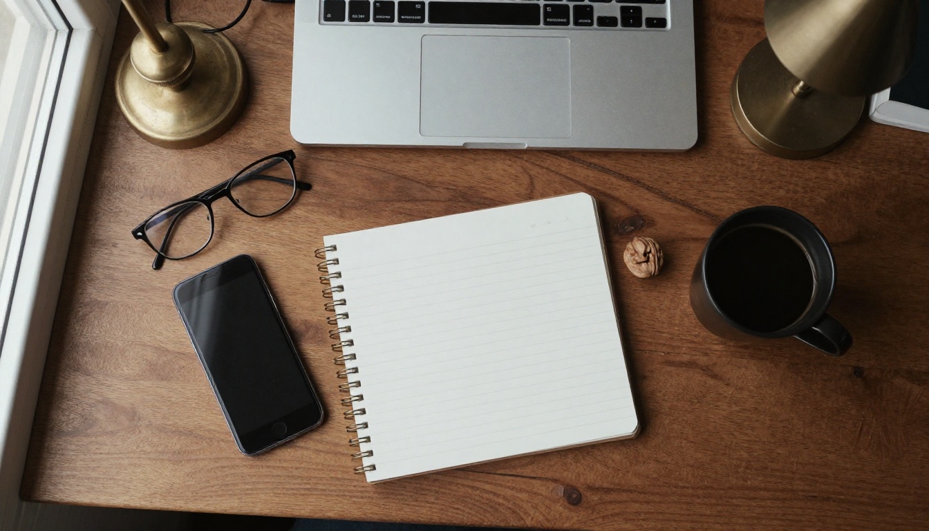 Flat lay of a laptop, phone and notebook on a walnut desk