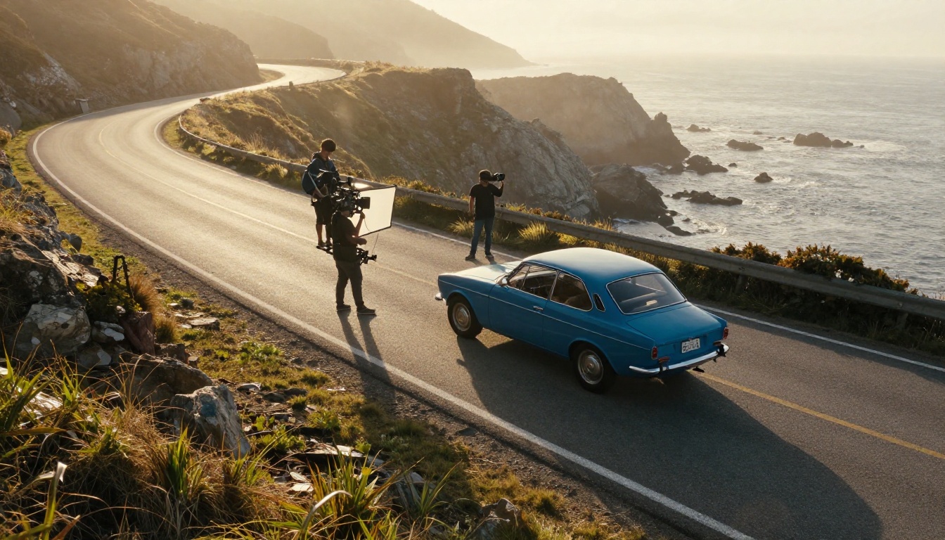 Aerial view at sunrise of a small film crew shooting b-roll on a winding coastal road
