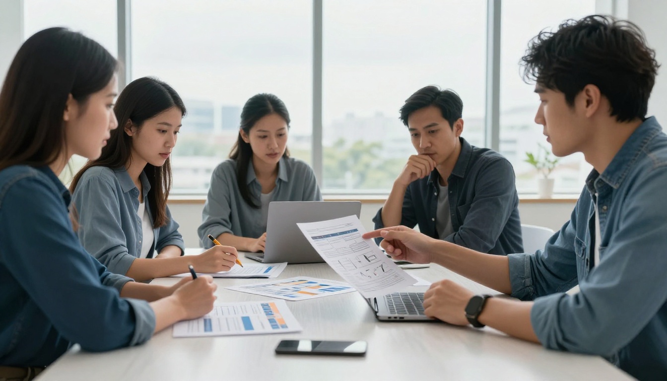 Agency team reviewing printed performance reports around a table