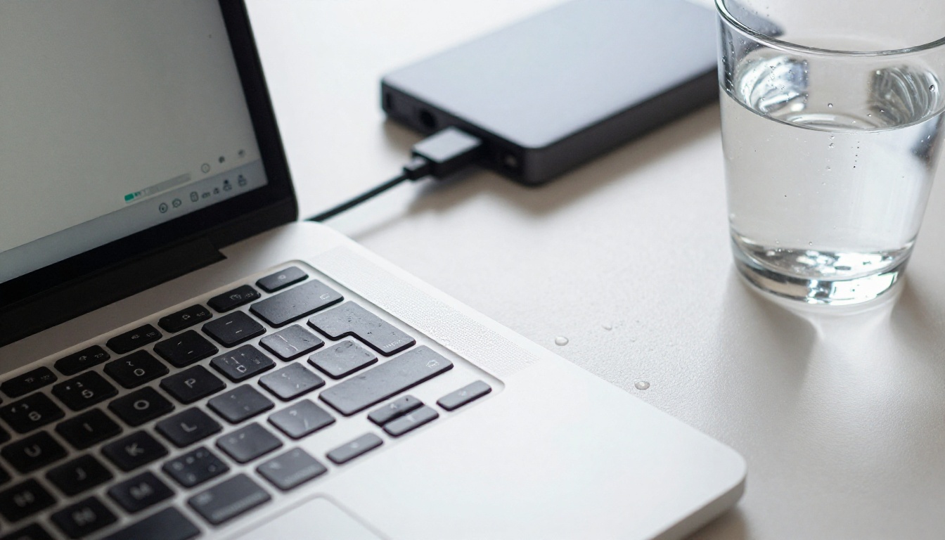 Low-angle close-up of a silver laptop beside an external drive while a progress bar fills on screen