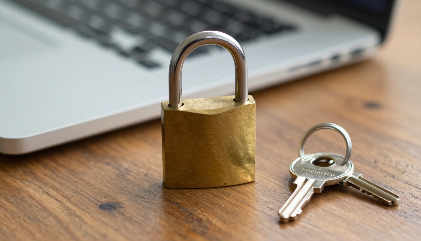 Brass padlock resting on an oak desk in front of a laptop
