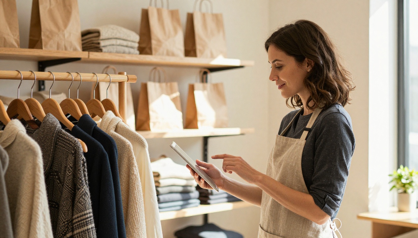 Boutique owner checking stock on a tablet next to a clothing rack
