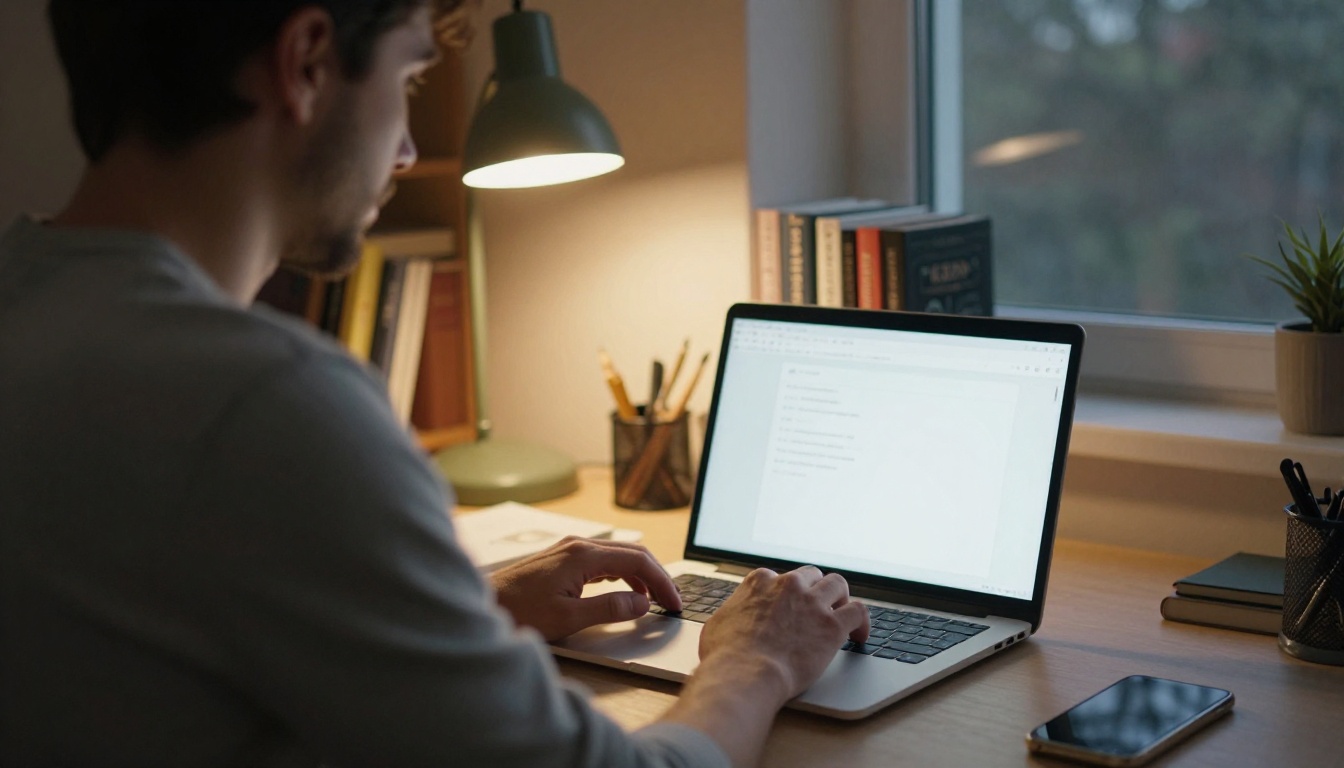Man working in an evening home office with a chat window open