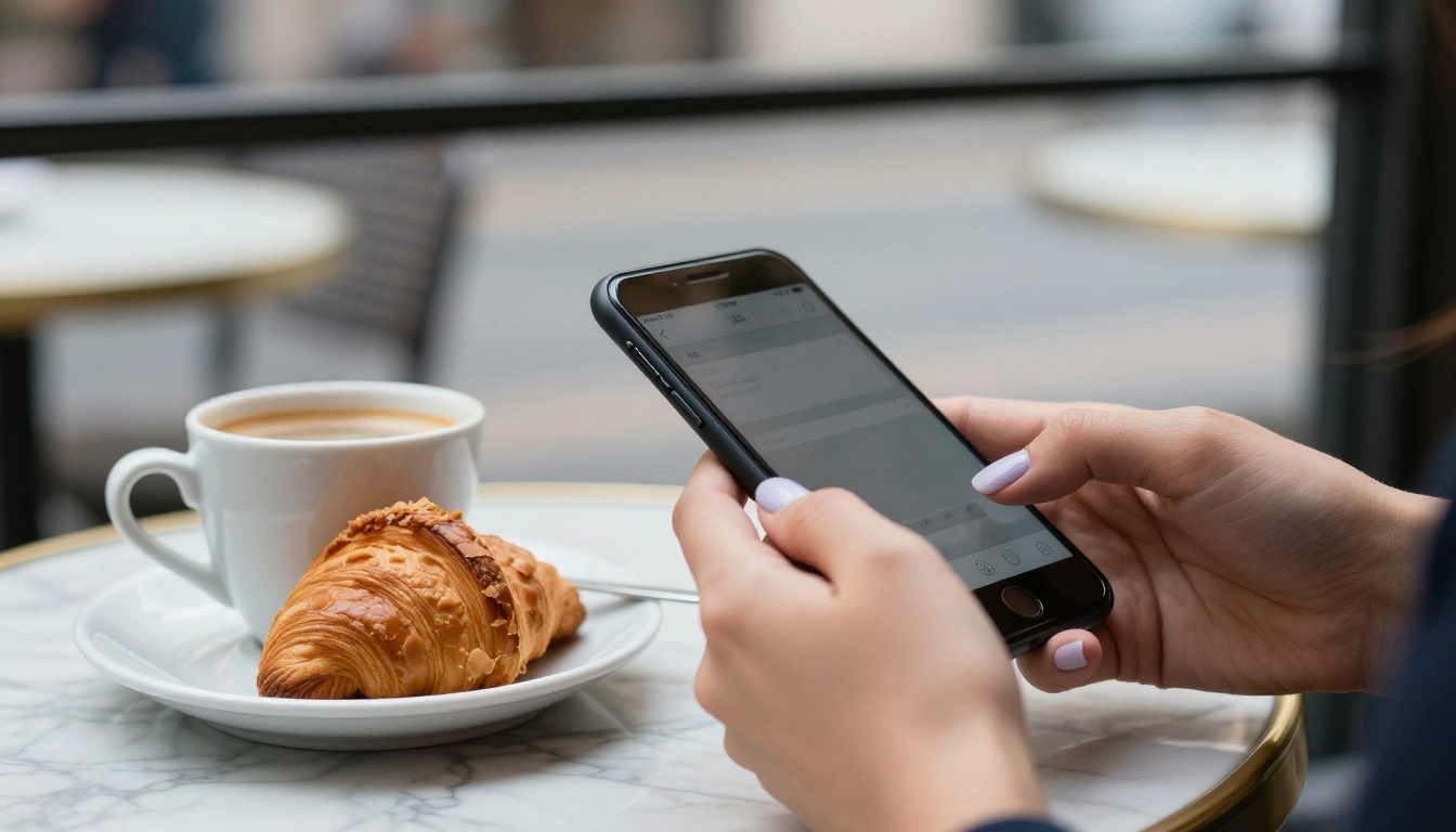 Woman checking a notification on her phone at a cafe table