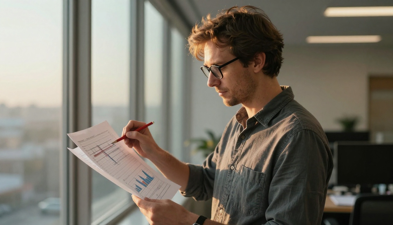 Analyst marking a printed chart with a red pencil by a window