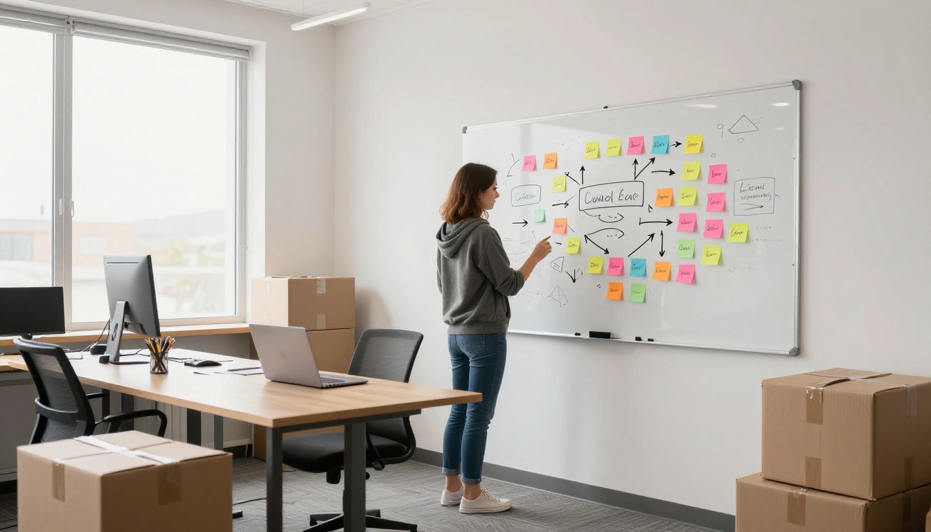 Founder planning a campaign at a whiteboard full of sticky notes