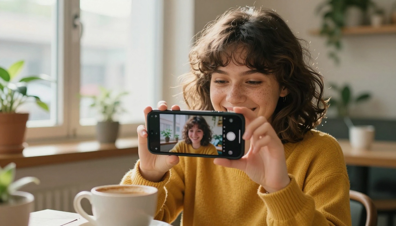 Smiling creator in a mustard sweater holding a smartphone that shows a finished vertical video