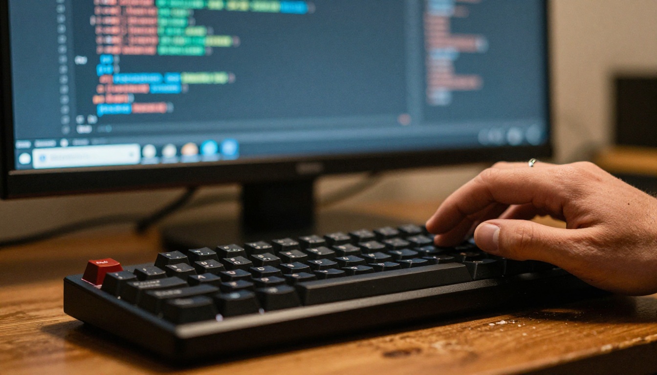 Extreme close-up of a developer's hands typing code in front of a blurred ultrawide monitor