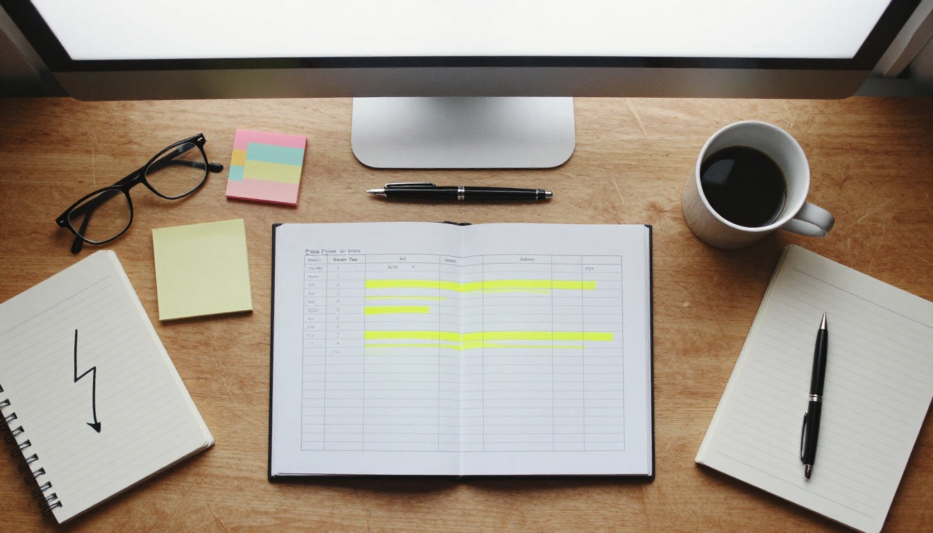 Printed campaign report with highlighted rows on a tidy desk
