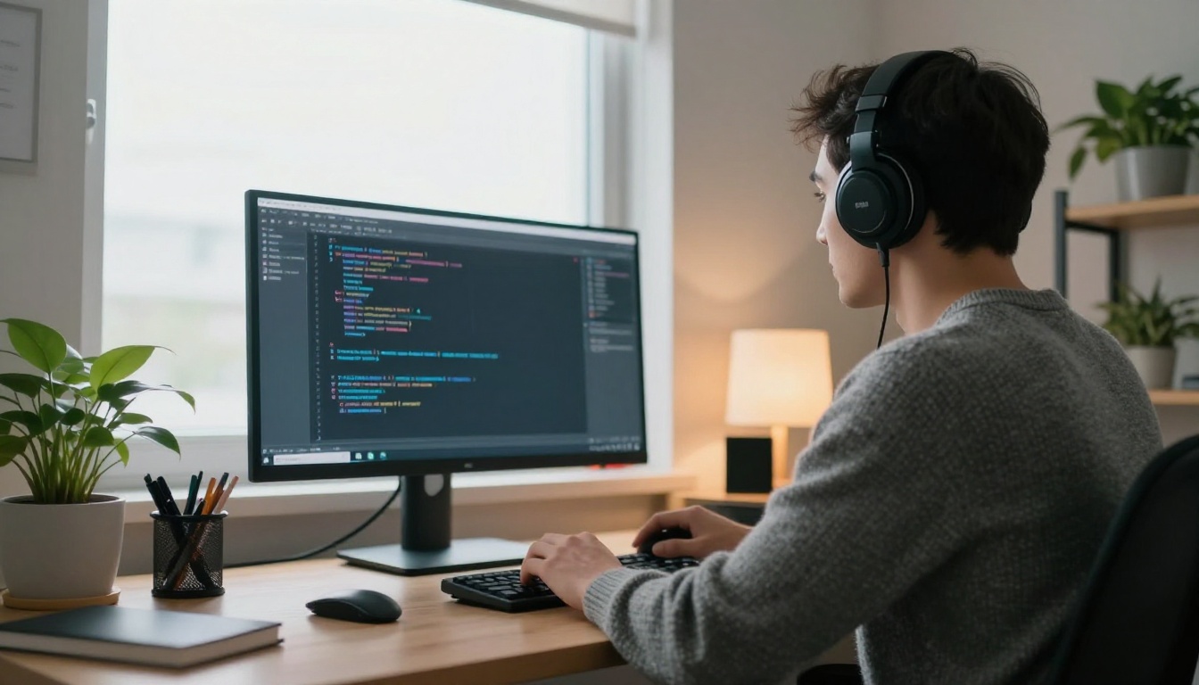 Developer at a standing desk with a terminal open