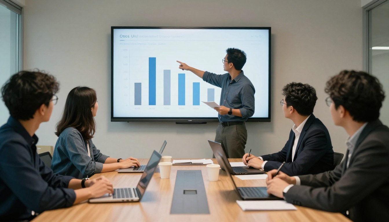 Colleagues reviewing bar charts in a glass meeting room
