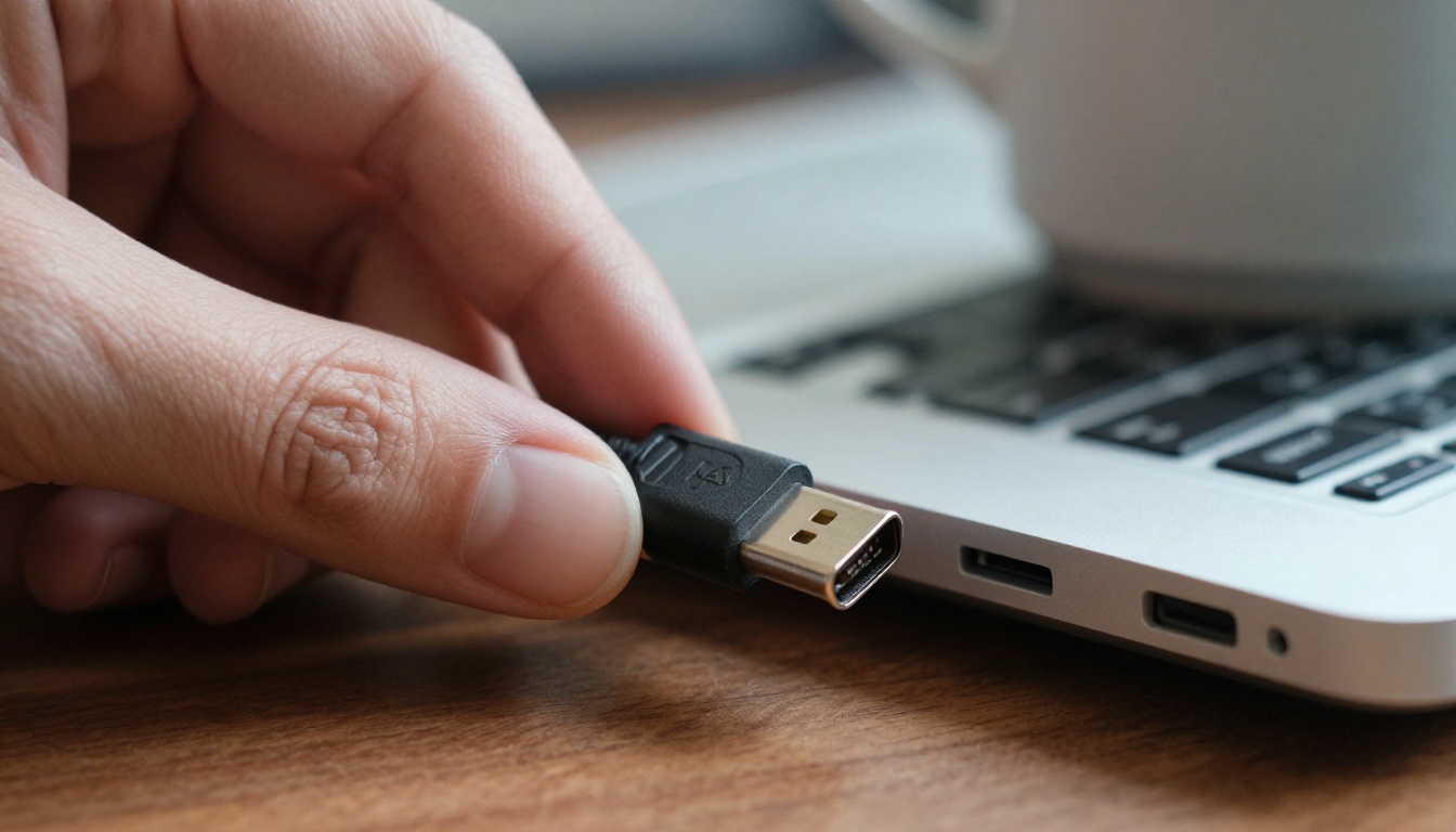 A hand plugging a braided USB-C cable into a laptop, the everyday picture behind the one-connector idea of MCP