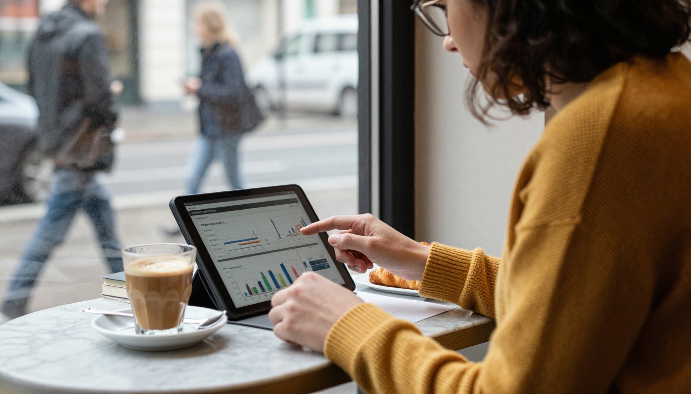 Freelancer reviewing a line chart on a tablet in a café