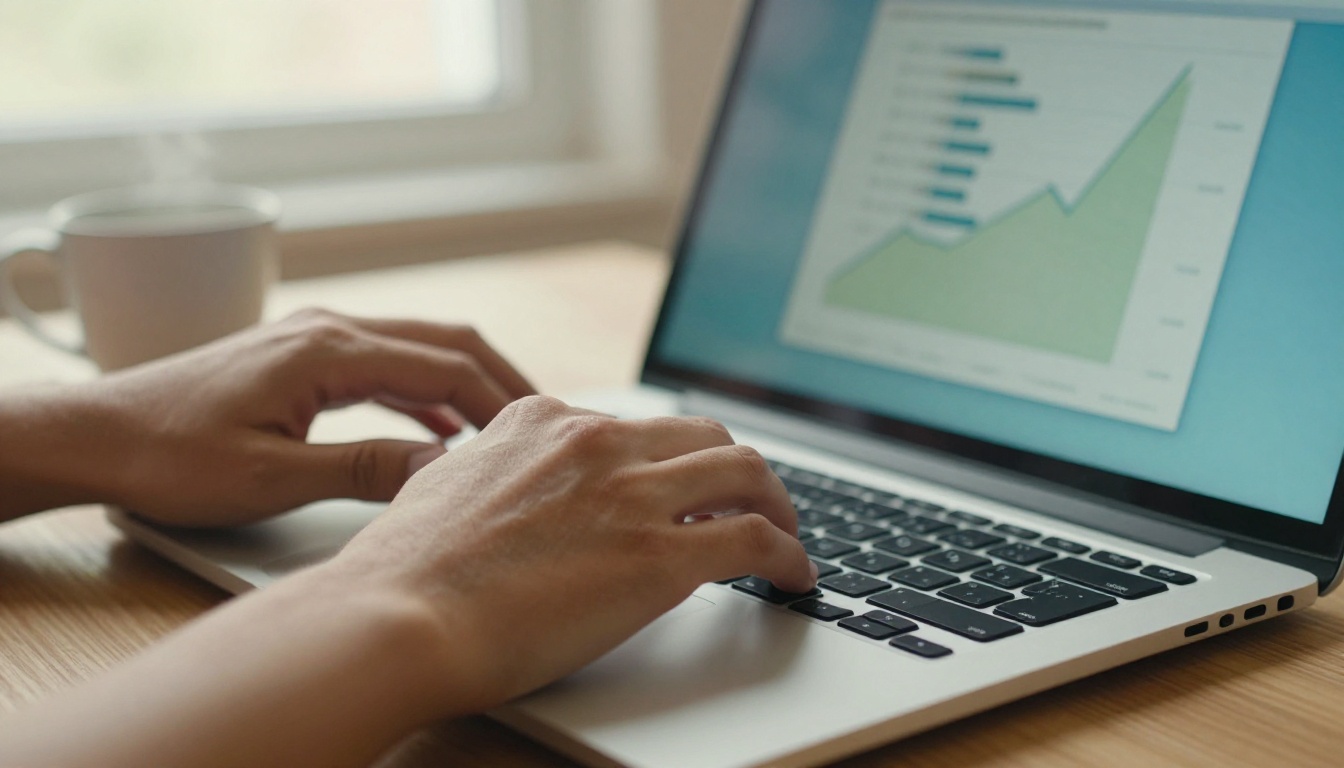 Marketer's hands typing on a laptop with blurred chart shapes on the screen and a steaming coffee cup nearby