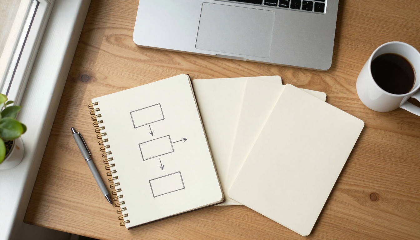 An overhead view of a notebook sketch with three boxes joined by arrows, standing in for host, client and server