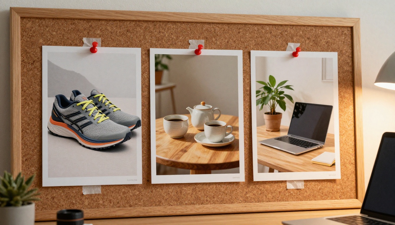 Studio corkboard with printed ad mockups
