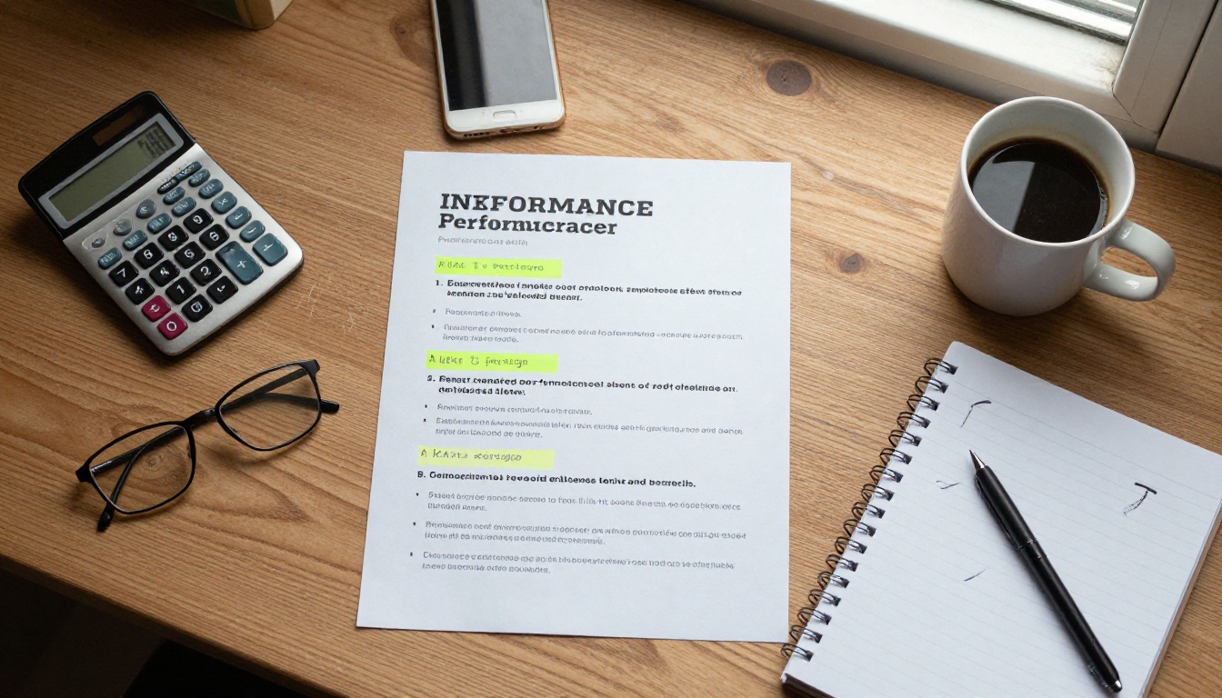 Overhead view of a desk with a printed campaign performance report, highlighter marks, calculator, phone and coffee