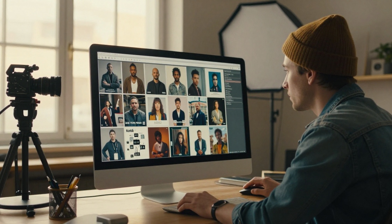 Creative director reviewing a grid of ad images in a sunlit studio
