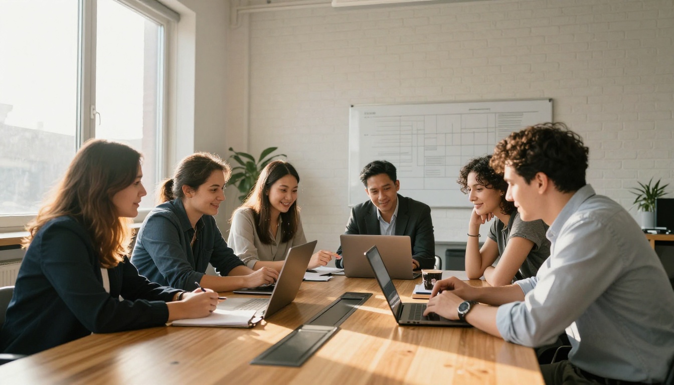 Four colleagues around a meeting table in a brick-walled agency office reviewing a laptop together