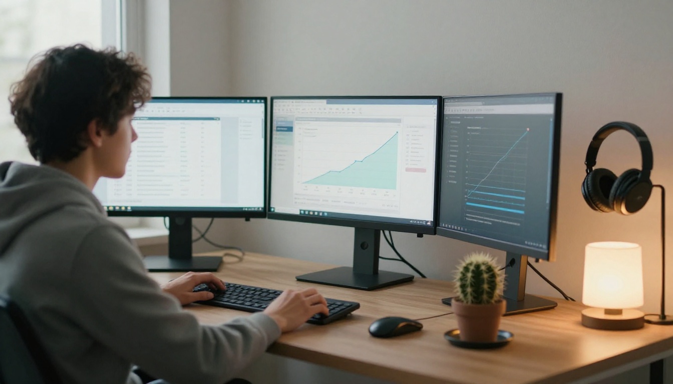 Over-the-shoulder view of an SEO specialist at a standing desk with two monitors showing blurred search result lists and a traffic curve