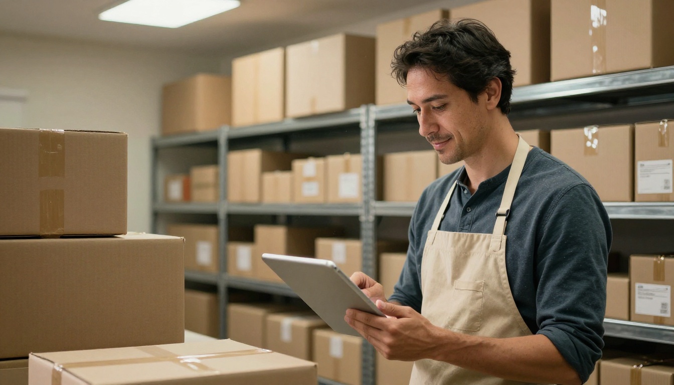 Store owner in an apron holding a tablet in a stockroom full of cardboard shipping boxes