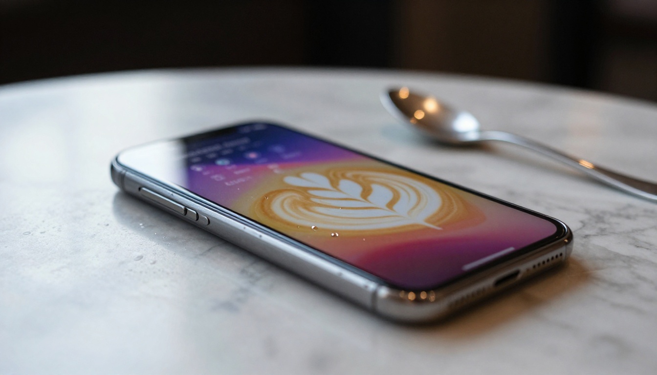 Smartphone on a marble cafe table showing a blurred analytics dashboard beside a flat white coffee