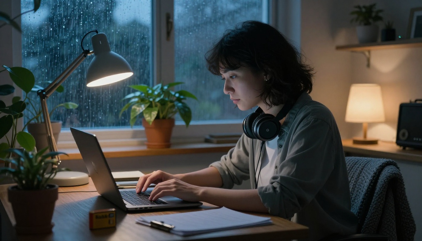Freelance marketer at a cozy home office desk at dusk with a laptop, headphones and rain on the window