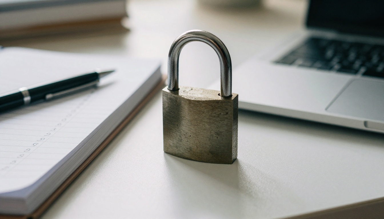 Brushed steel padlock on a closed laptop next to a notebook with a handwritten checklist