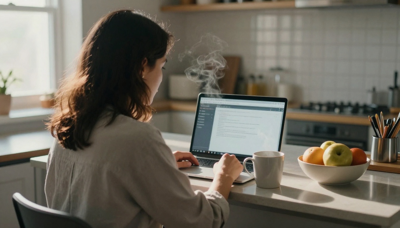 A woman at a kitchen island with a laptop and a steaming mug, ready to install her tools on a quiet morning