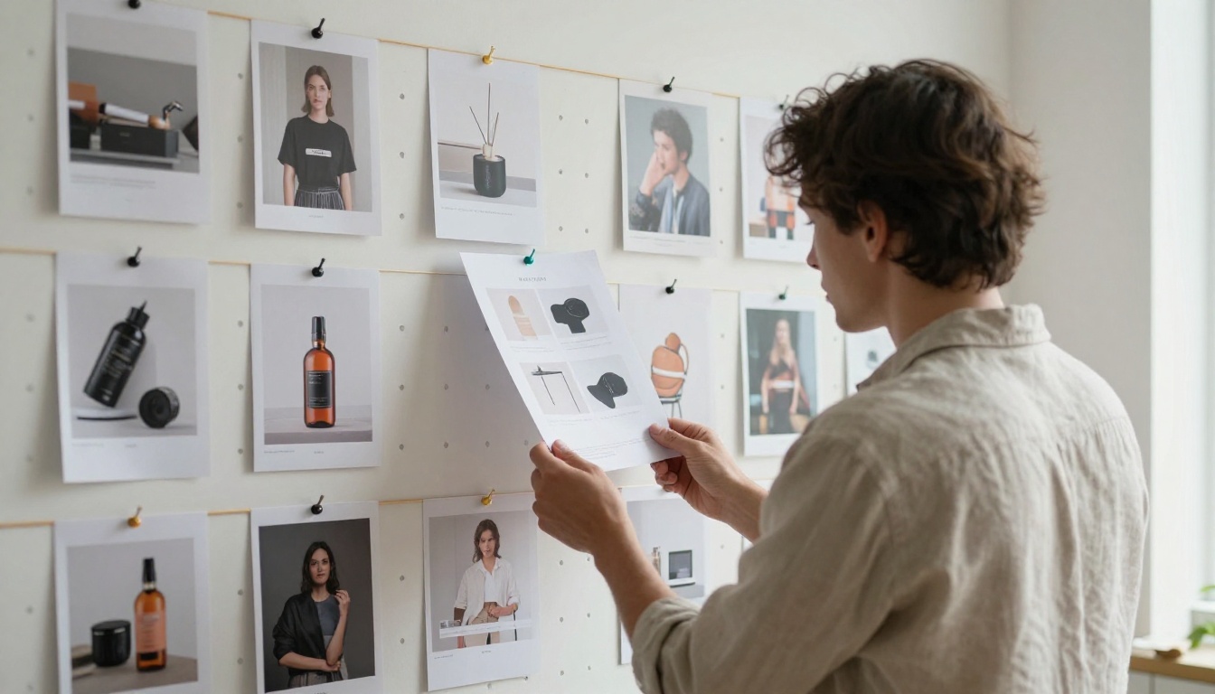 Creative director in a linen shirt standing before a pegboard of printed product ad photographs