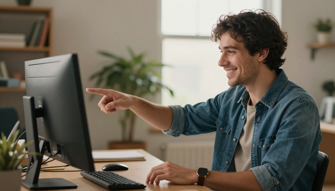 A young man in a denim shirt pointing at his monitor after the first tool call works